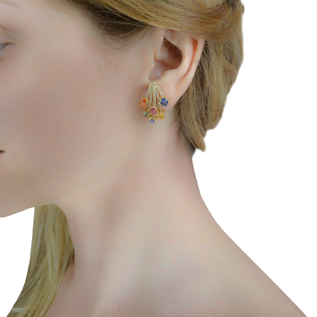 18K Yellow Gold Claw Earring With Rain of Colored Sapphires