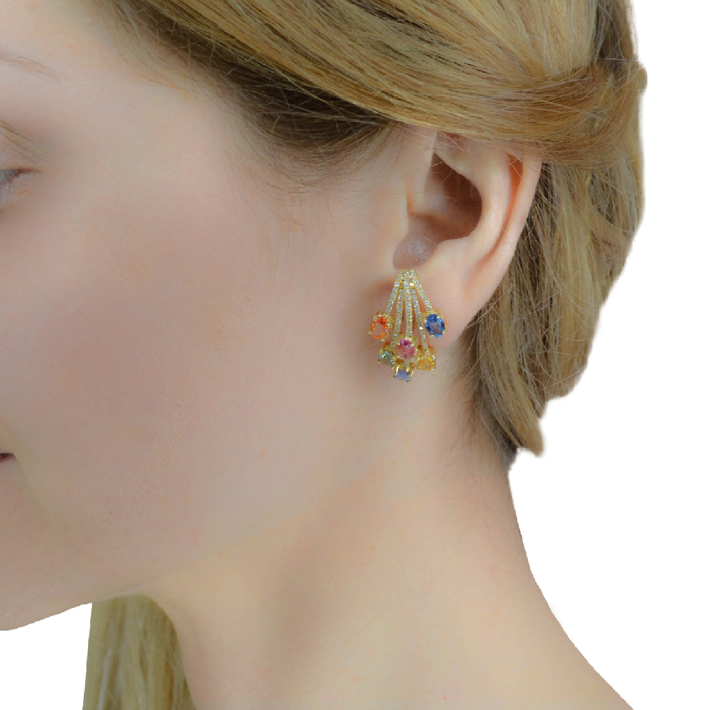 18K Yellow Gold Claw Earring With Rain of Colored Sapphires