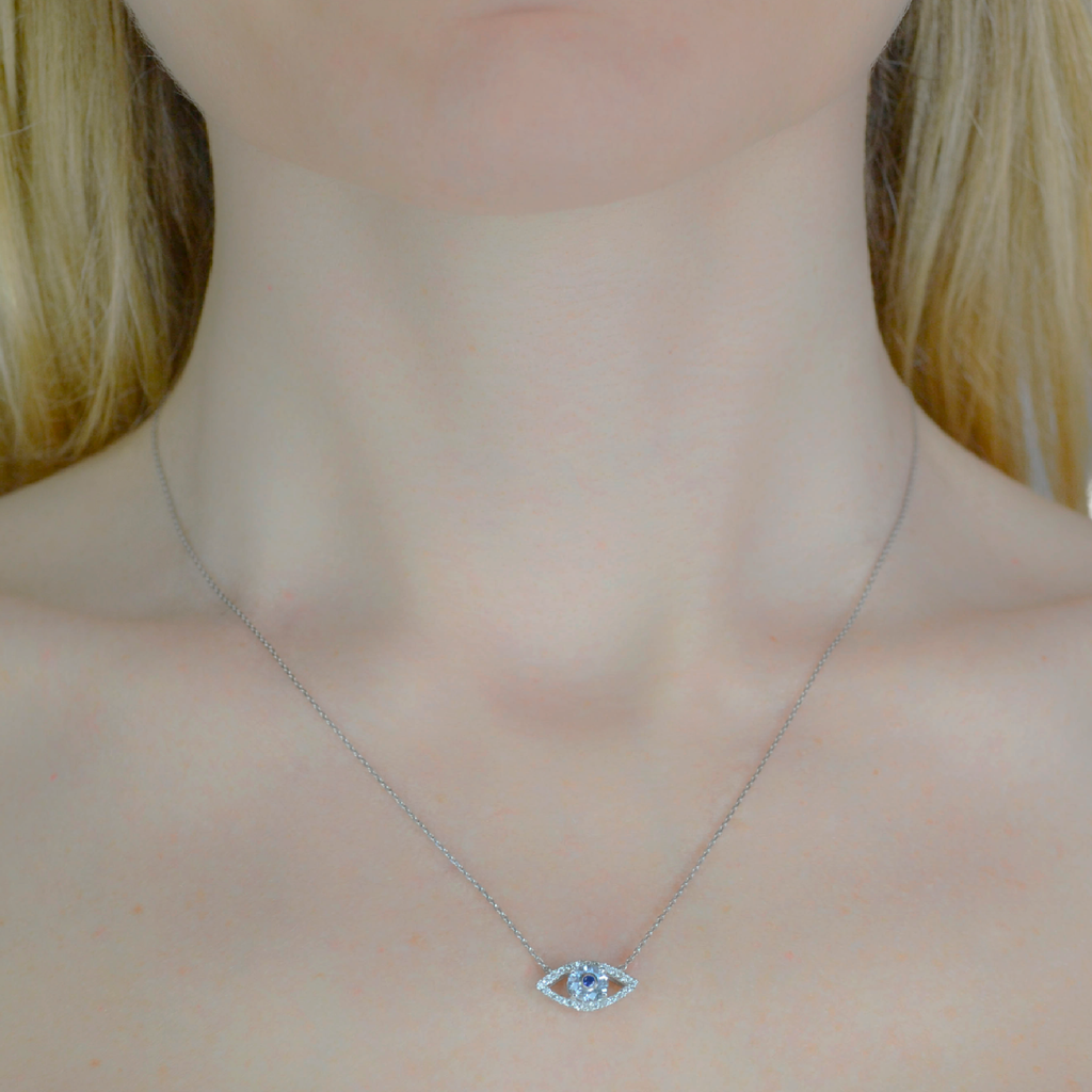 18K White Gold Greek Eye Sapphire and Topaz Choker